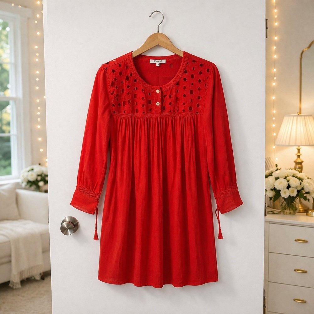 🏷️ Madewell Daybreak Linen Blend Mini Eyelet Yoke Swing Dress w Pockets Size S